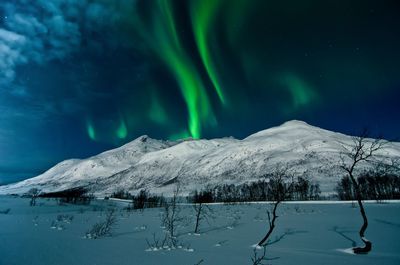 Scenic view of snowcapped mountains at night