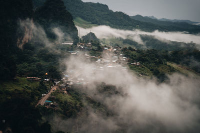 High angle view of land against sky