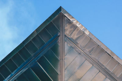 Low angle view of modern building against clear blue sky