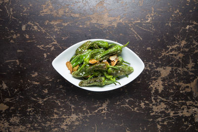 High angle view of meal served on table