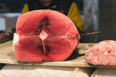 Fresh swordfish on the counter of the local fish market, catania, italy