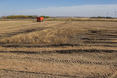 Scenic view of agricultural field against sky