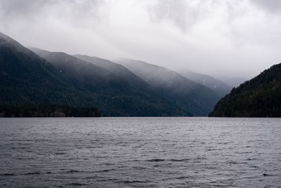 Scenic view of lake by mountains against sky