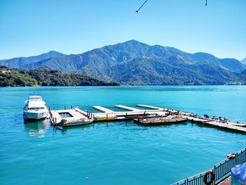 Scenic view of sea against clear blue sky