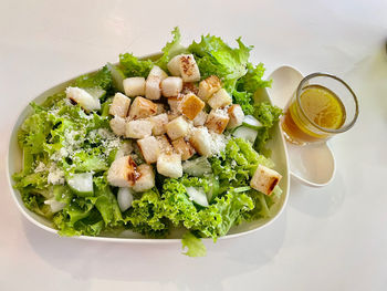 High angle view of meal served on table