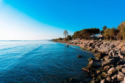 Scenic view of sea against clear blue sky