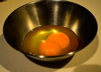 High angle view of eggs in bowl on table