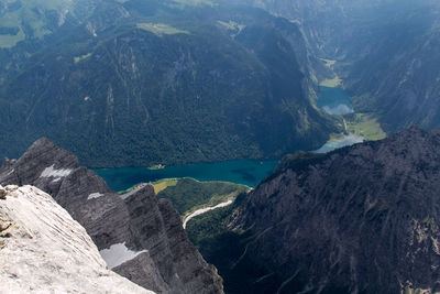 Scenic view of lake and rocky mountains