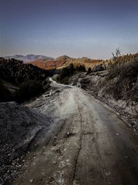 Dirt road amidst landscape against clear sky