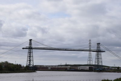 View of suspension bridge against cloudy sky