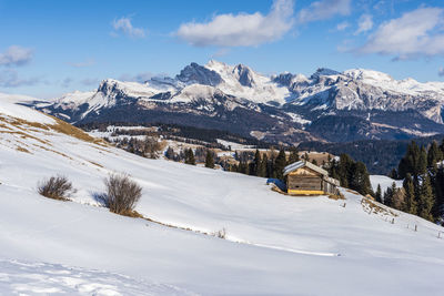 Scenic view of snowcapped mountains against sky during winter