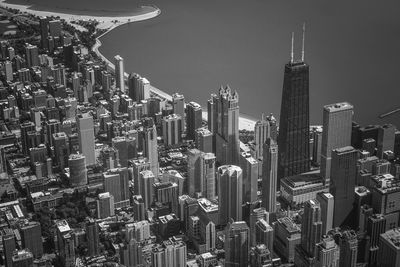 High angle view of skyscrapers on shore