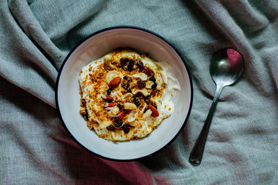 High angle view of breakfast served on table