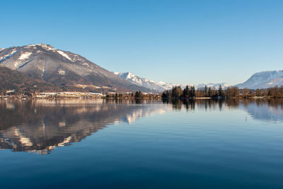 Scenic view of lake by mountains against clear blue sky