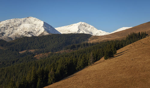 Scenic view of mountains against clear blue sky