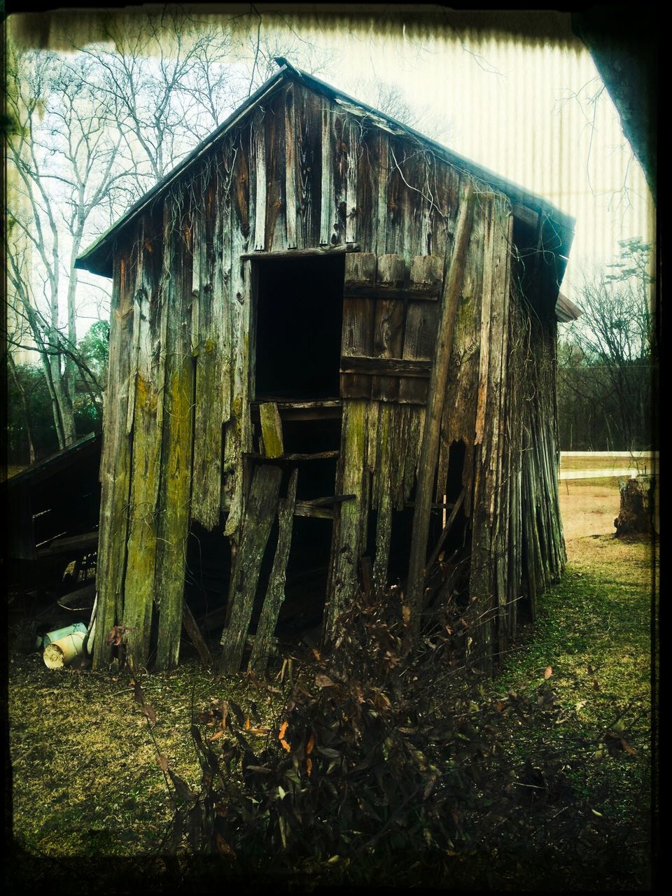 built structure, architecture, transfer print, abandoned, building exterior, house, damaged, auto post production filter, obsolete, grass, field, old, run-down, deterioration, wood - material, tree, weathered, sky, day, barn