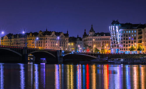 Illuminated bridge over river by buildings against sky at night