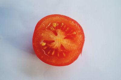 Directly above shot of orange slices over white background