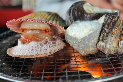 Close-up of meat on barbecue grill