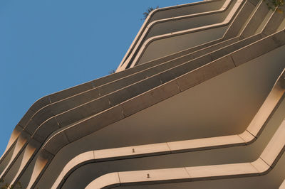 Low angle view of modern building against clear blue sky