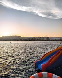 Low section of sea against sky during sunset