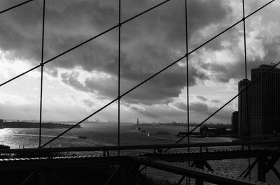 View of suspension bridge over sea against sky