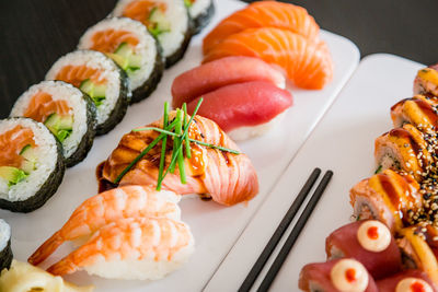 High angle view of sushi served on table