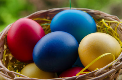 Close-up of colorful eggs in basket