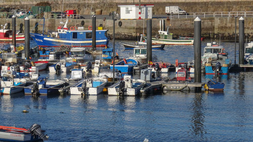 View of boats moored in harbor