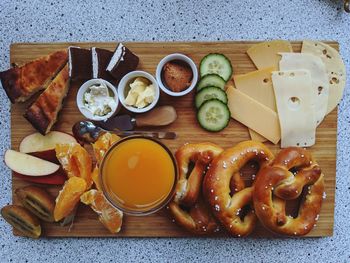 High angle view of breakfast served 