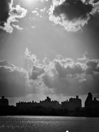 Scenic view of river by buildings against sky