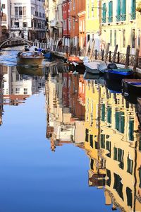 Boats moored in city