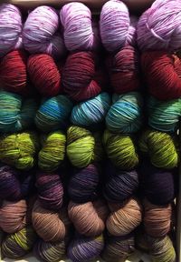 Full frame shot of colorful wool for sale at market