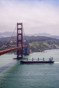 View of suspension bridge over river