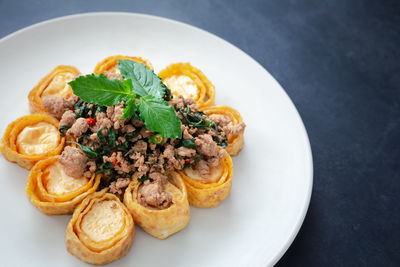 High angle view of food served in plate