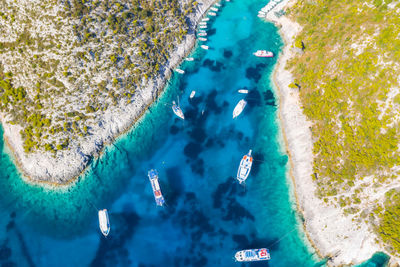 High angle view of people swimming in sea