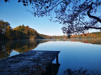 Scenic view of lake against clear sky during autumn