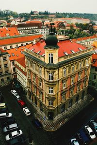 High angle view of street amidst buildings in city