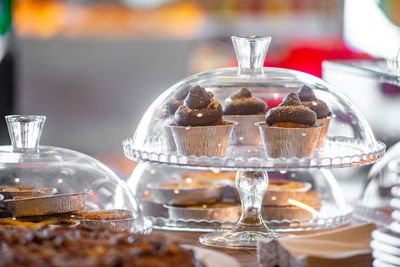 High angle view of cake in glass on table