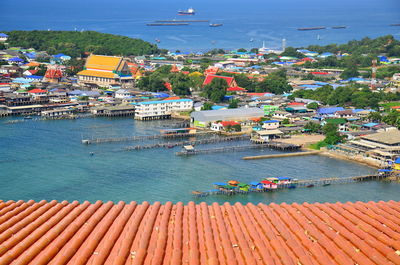 High angle view of buildings at harbor
