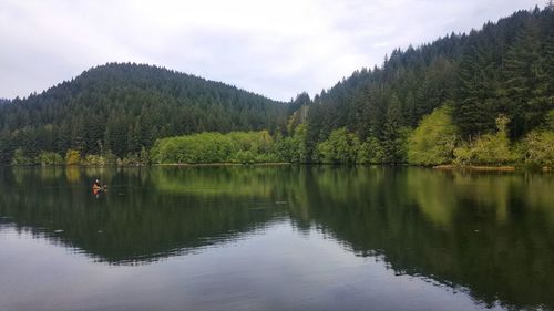 Scenic view of lake by trees against sky