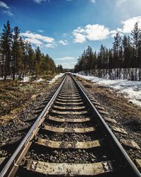 Railroad tracks along trees and plants against sky