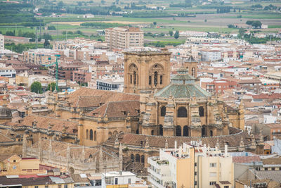 High angle view of buildings in city