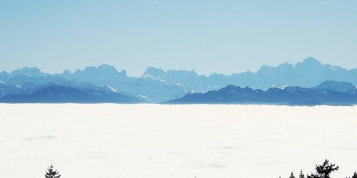 Scenic view of snowcapped mountains against clear sky