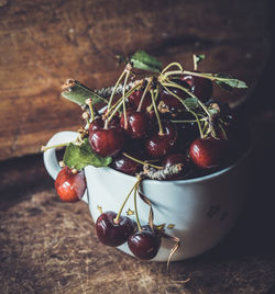 Close-up of cherries in bowl on table