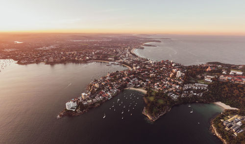 Drone evening view of the sydney suburb of manly, new south wales, australia