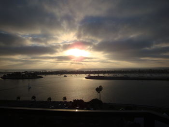 Scenic view of sea against cloudy sky during sunset