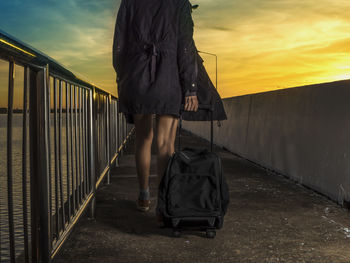 Rear view of woman standing on railing at sunset