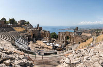 Panoramic view of old ruins of ancient greek theater at mediterranean seacoast