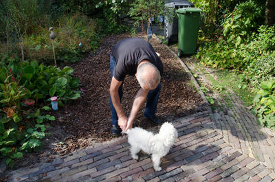 High angle view of man playing with dog in garden